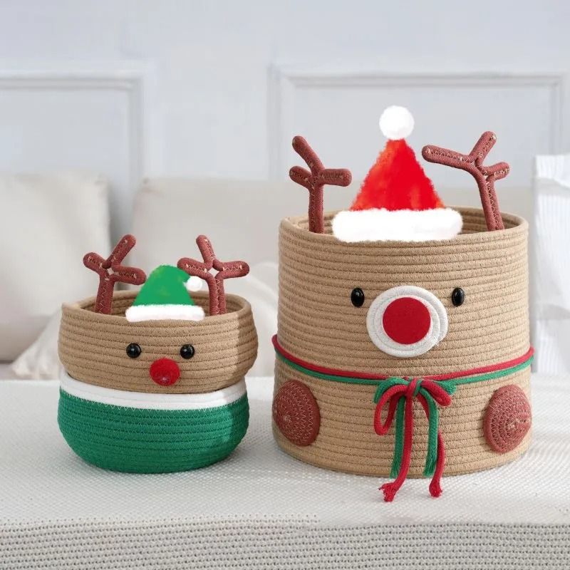 Christmas Reindeer Cotton Rope Woven Storage Basket Large Capacity Home Organizer 7