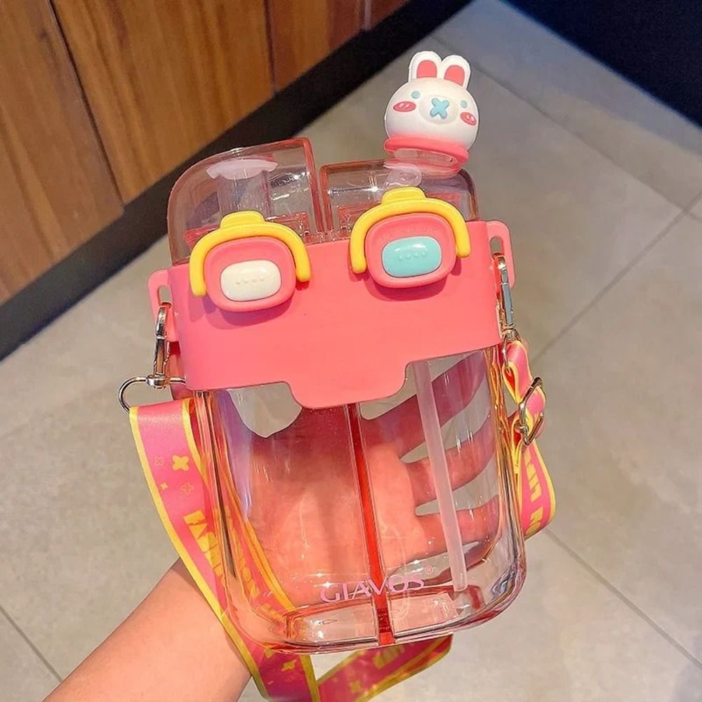 Large Capacity Kids Water Bottle With Straw Double Compartment Cartoon Design 4