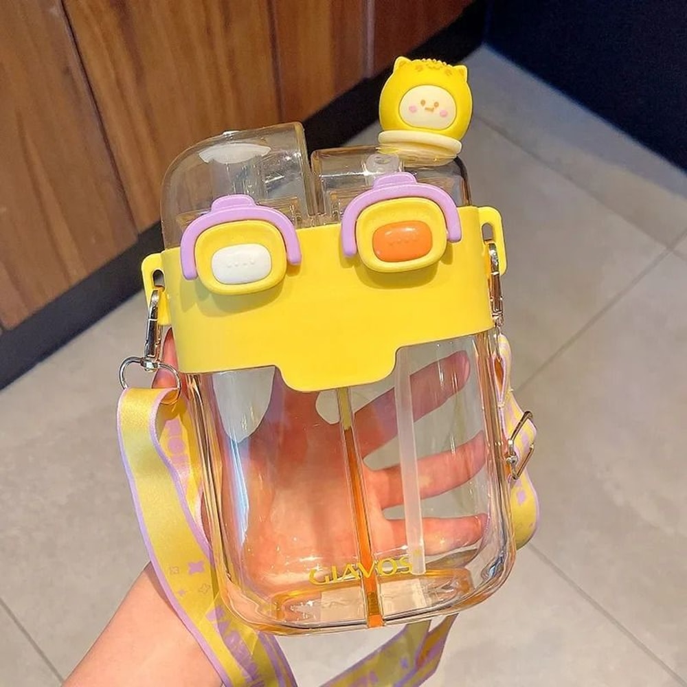 Large Capacity Kids Water Bottle With Straw Double Compartment Cartoon Design 3