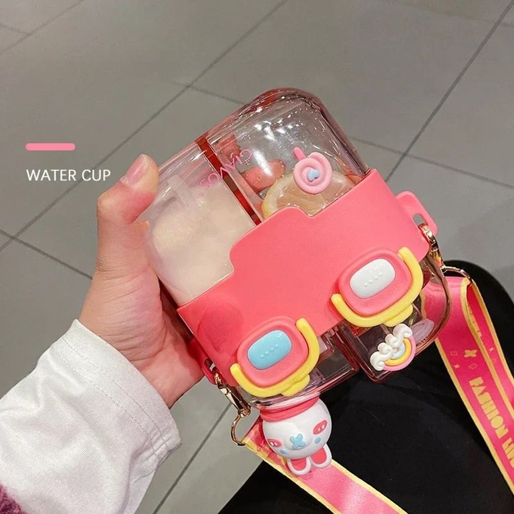 Large Capacity Kids Water Bottle With Straw Double Compartment Cartoon Design 5