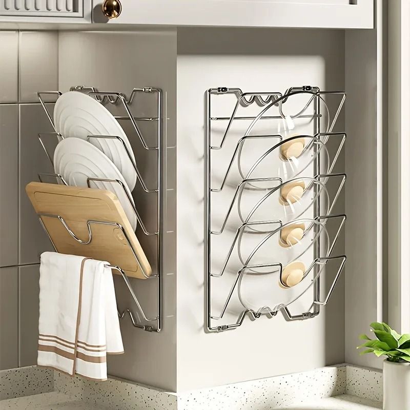 Wall Mounted Metal Pot Rack Multi Layer Kitchen Lid And Utensil Organizer 7