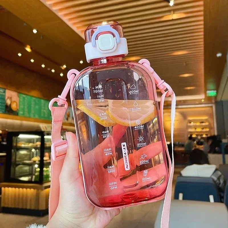 750 ML Flat Water Bottle With Time Marker Leakproof Portable Sports Bottle 8