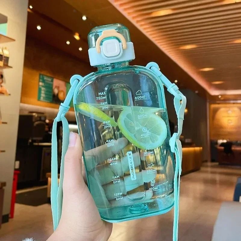 750 ML Flat Water Bottle With Time Marker Leakproof Portable Sports Bottle 6