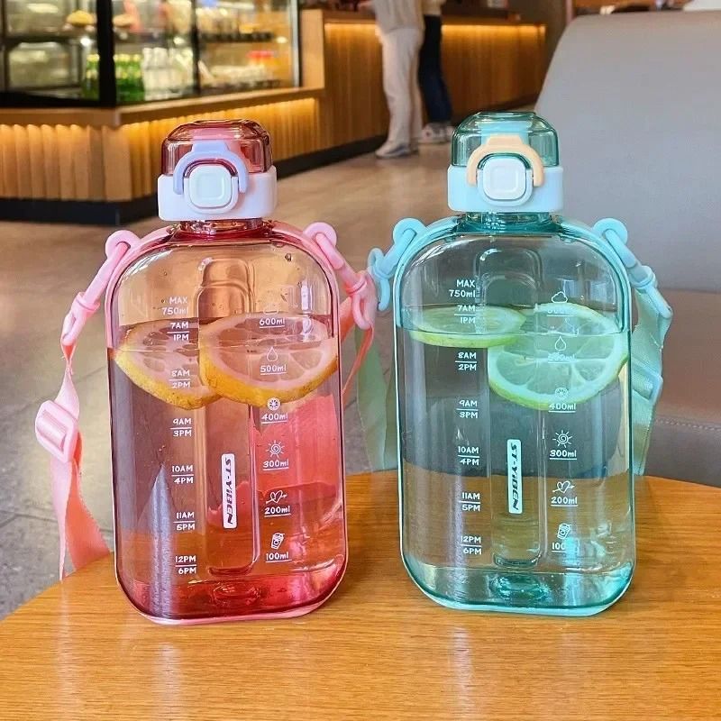 750 ML Flat Water Bottle With Time Marker Leakproof Portable Sports Bottle 0