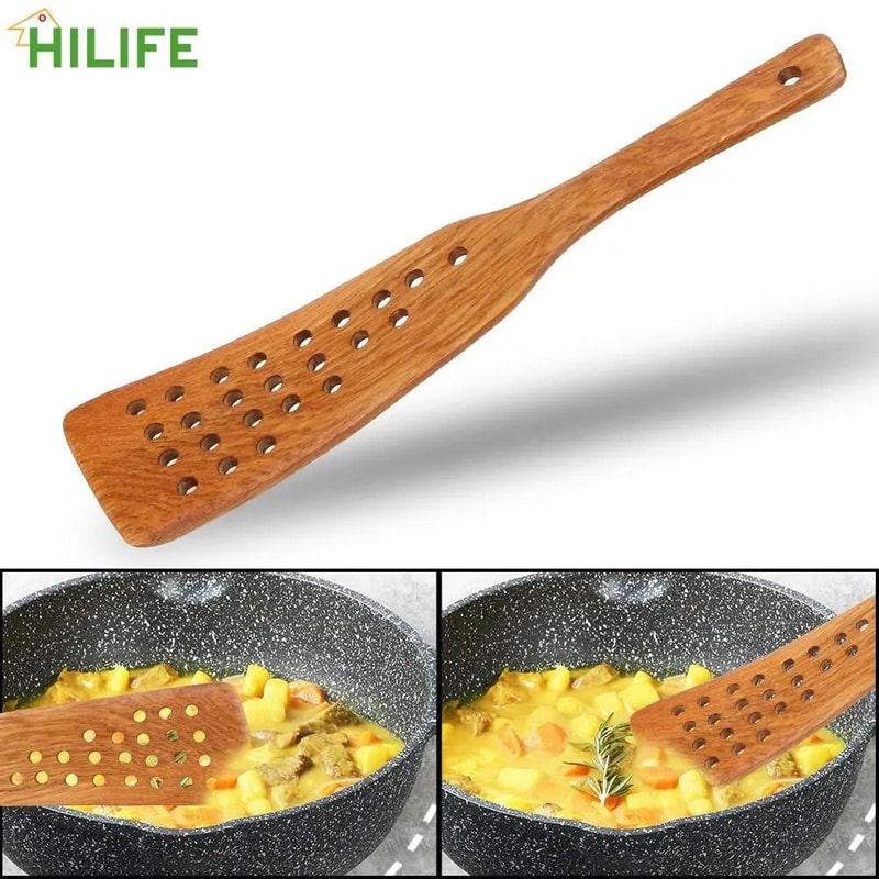 Wooden Slotted Spatula For Non Stick Pans Heat Safe Frying And Steak Turner 5