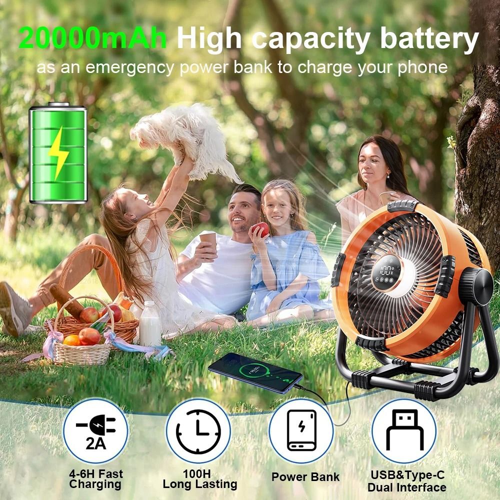 Rechargeable Camping Fan With Light 20000mAh Portable Tent Ceiling Fan With Hook 4