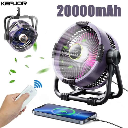 Rechargeable Camping Ceiling Fan with Light 20000mAh Portable Tent Fan with Hook