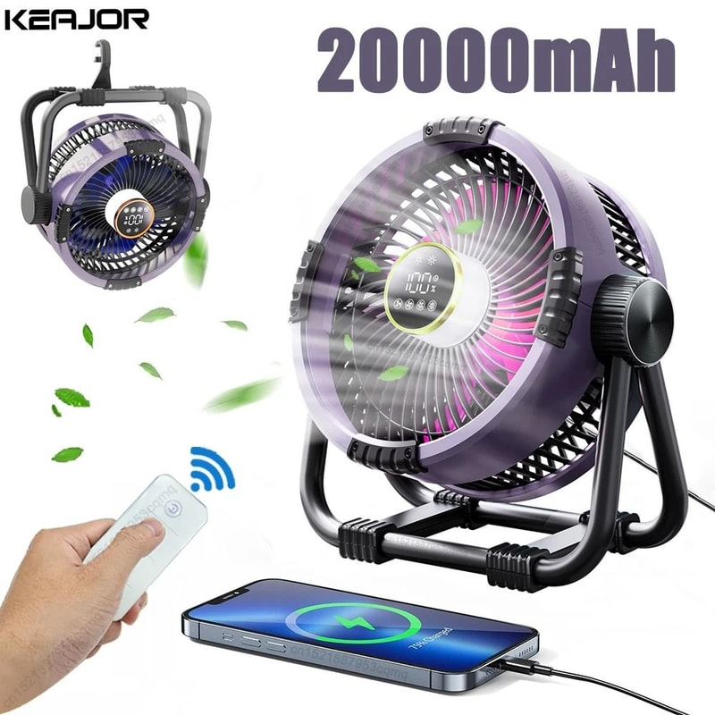 Rechargeable Camping Ceiling Fan With Light 20000mAh Portable Tent Fan With Hook 0