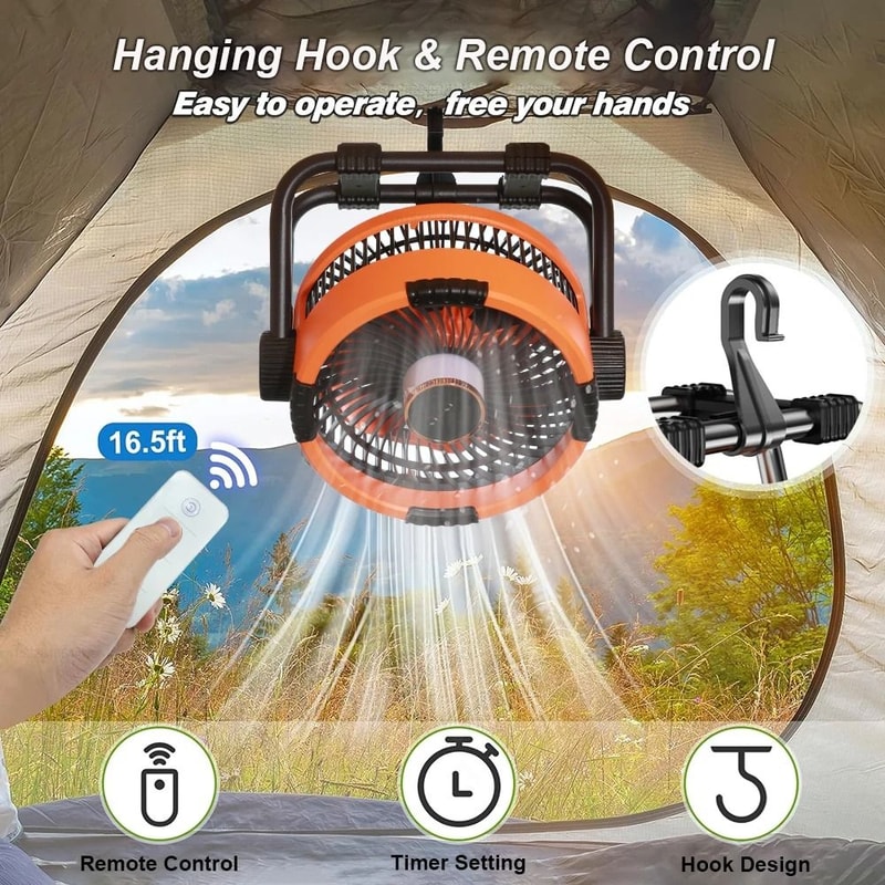 Rechargeable Camping Ceiling Fan With Light 20000mAh Portable Tent Fan With Hook 4