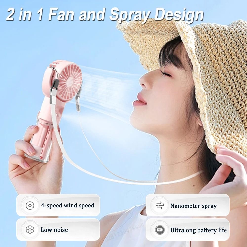 Portable Water Mist Fan USB Rechargeable Handheld Cooling Fan With Neck Strap 13