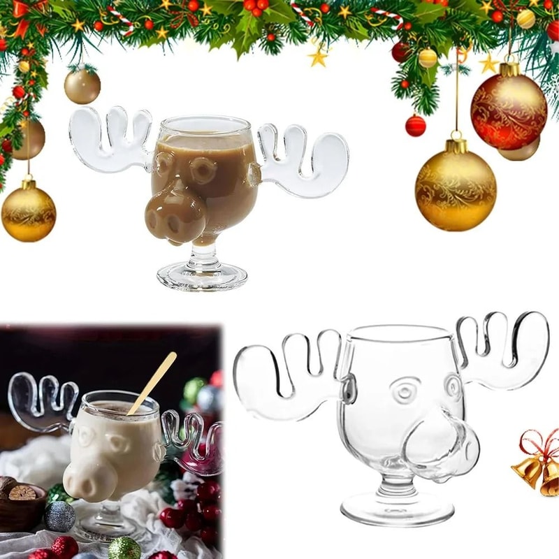 Christmas Moose Mug Reindeer Head Glass Cup 240ml Holiday Drinkware 0