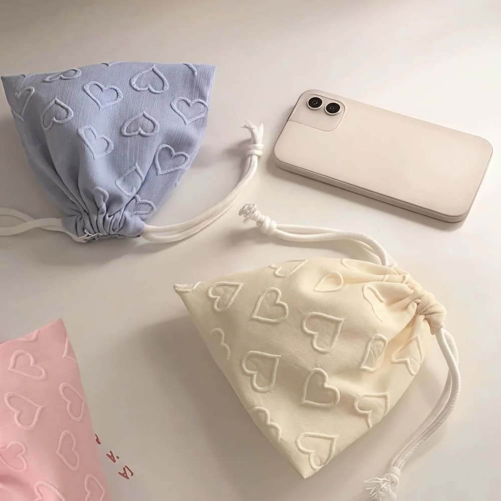 Cute Heart Print Drawstring Storage Bag Travel Cable Organizer 0