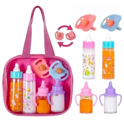 small baby doll feeding bottle and pacifier set with milk and juice bottles for pretend play