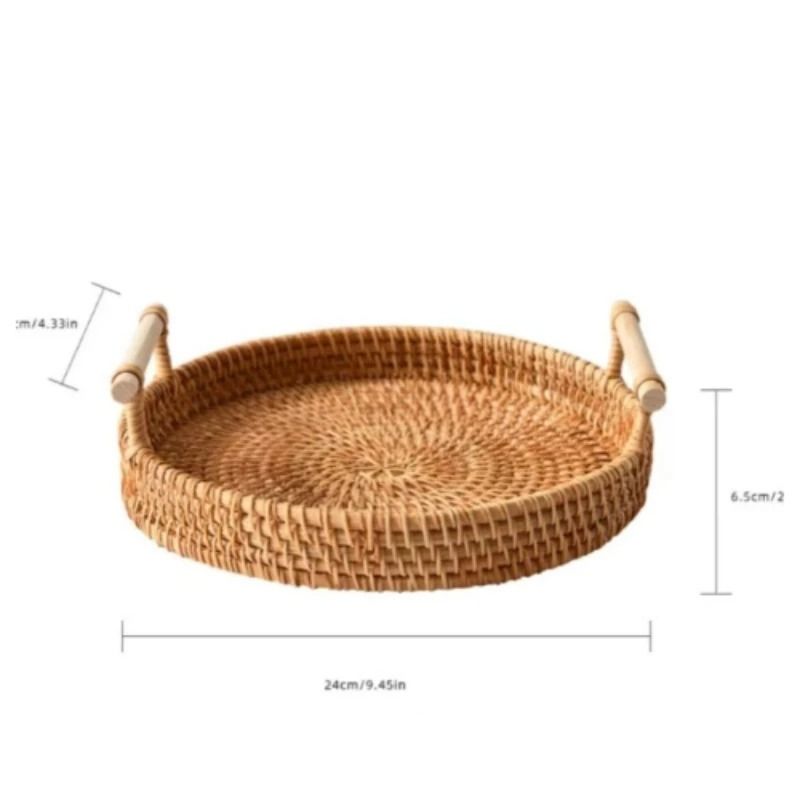 Handmade Rattan Serving Tray With Handles Round Woven Boho Kitchen Decor 2