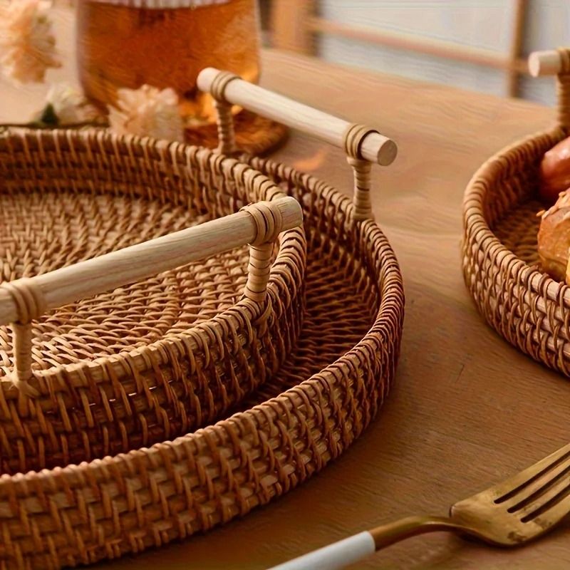 Handmade Rattan Serving Tray With Handles Round Woven Boho Kitchen Decor 4
