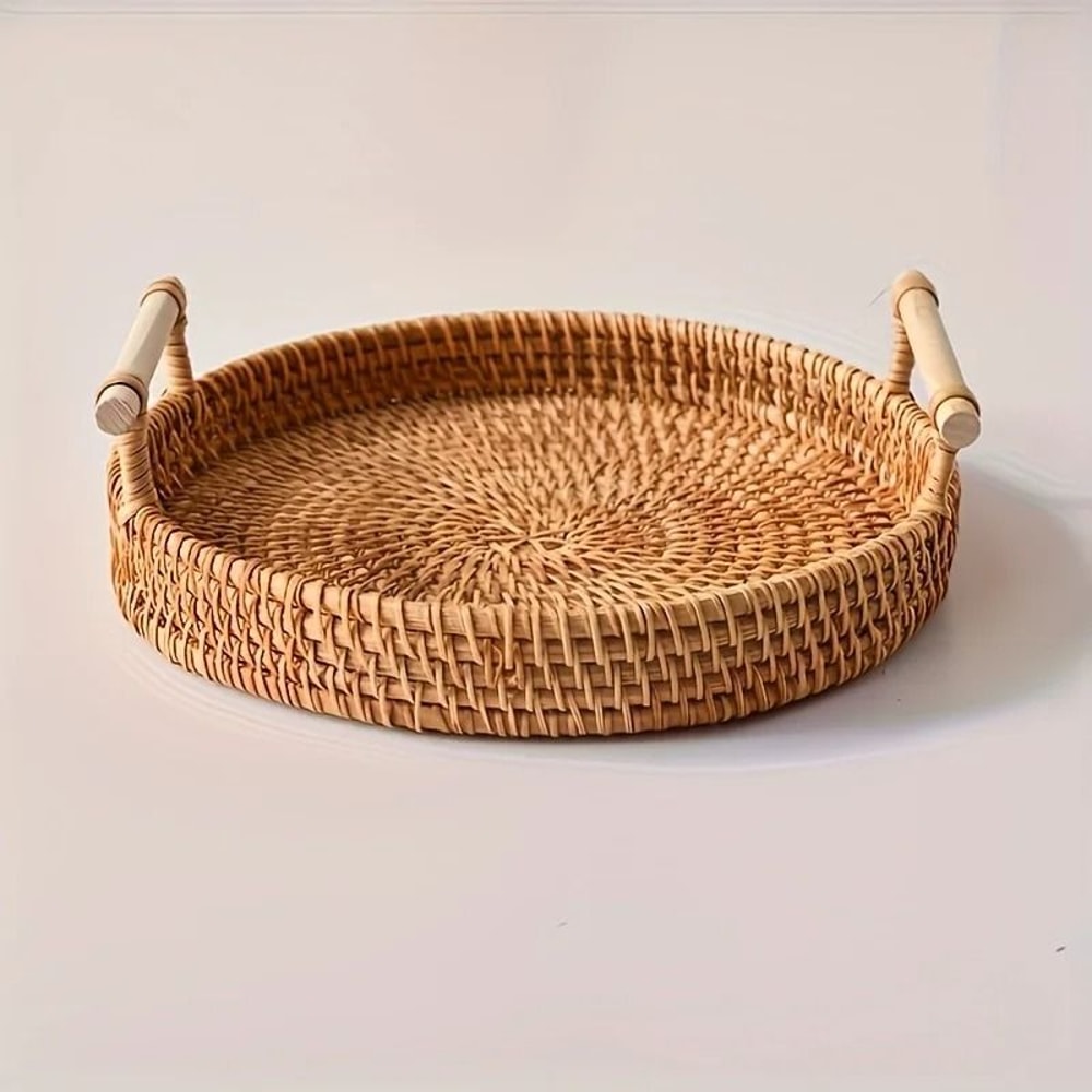 Handmade Rattan Serving Tray With Handles Round Woven Boho Kitchen Decor 0
