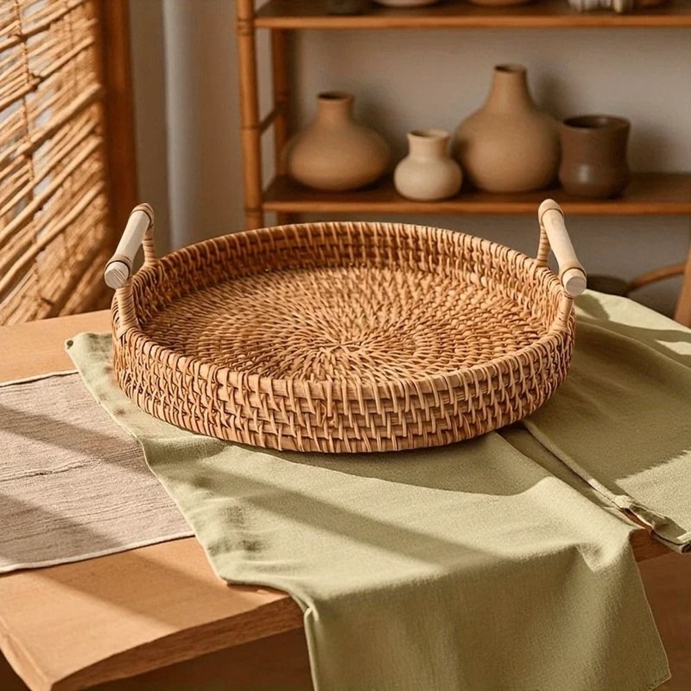 Handmade Rattan Serving Tray With Handles Round Woven Boho Kitchen Decor 3
