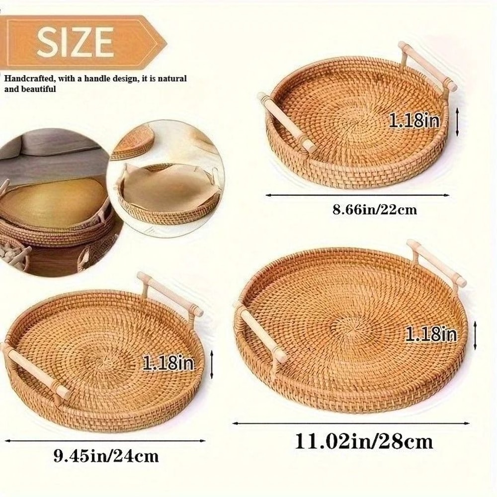 Handmade Rattan Serving Tray With Handles Round Woven Boho Kitchen Decor 6