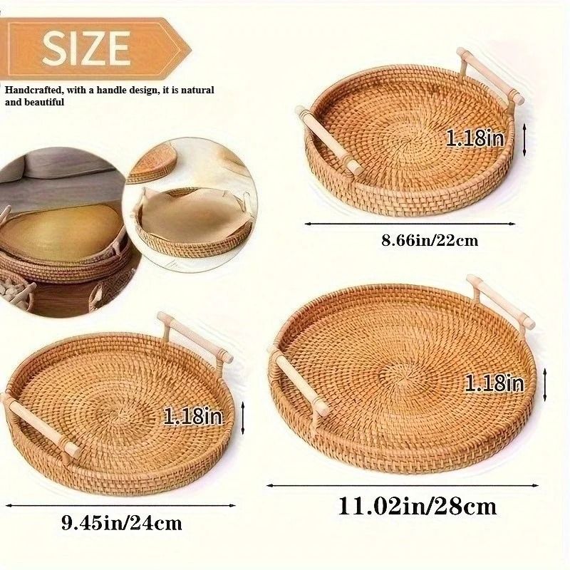 Handmade Rattan Serving Tray With Handles Round Woven Boho Kitchen Decor 6