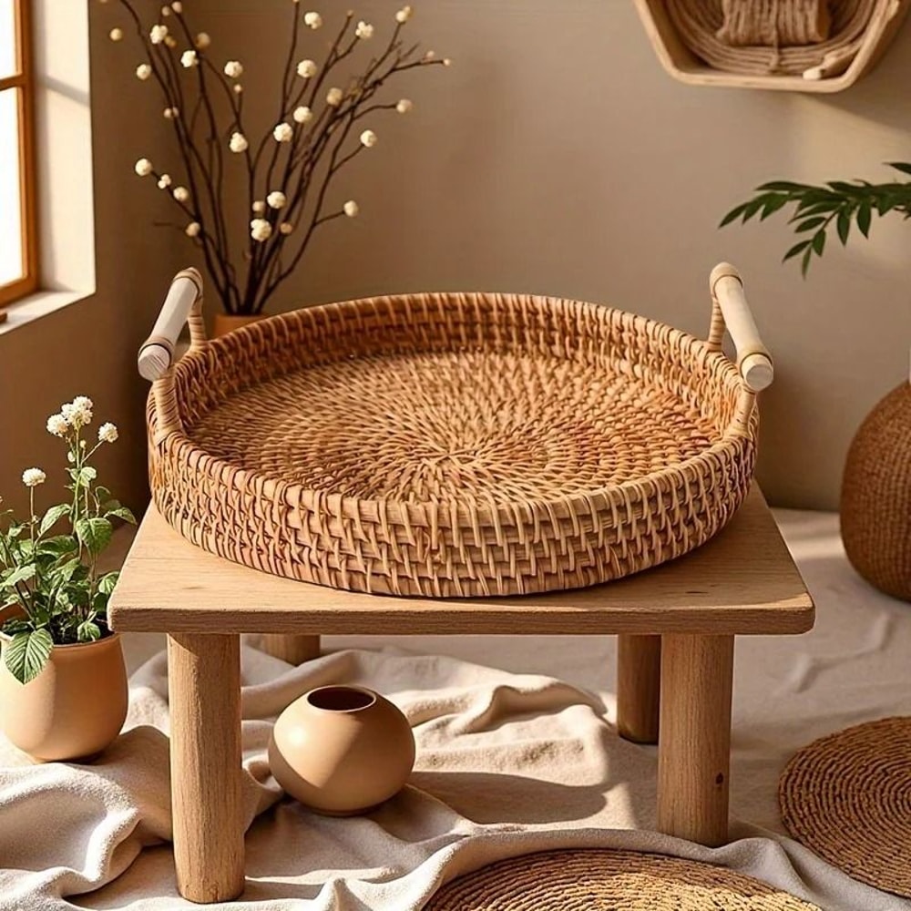 Handmade Rattan Serving Tray With Handles Round Woven Boho Kitchen Decor 5
