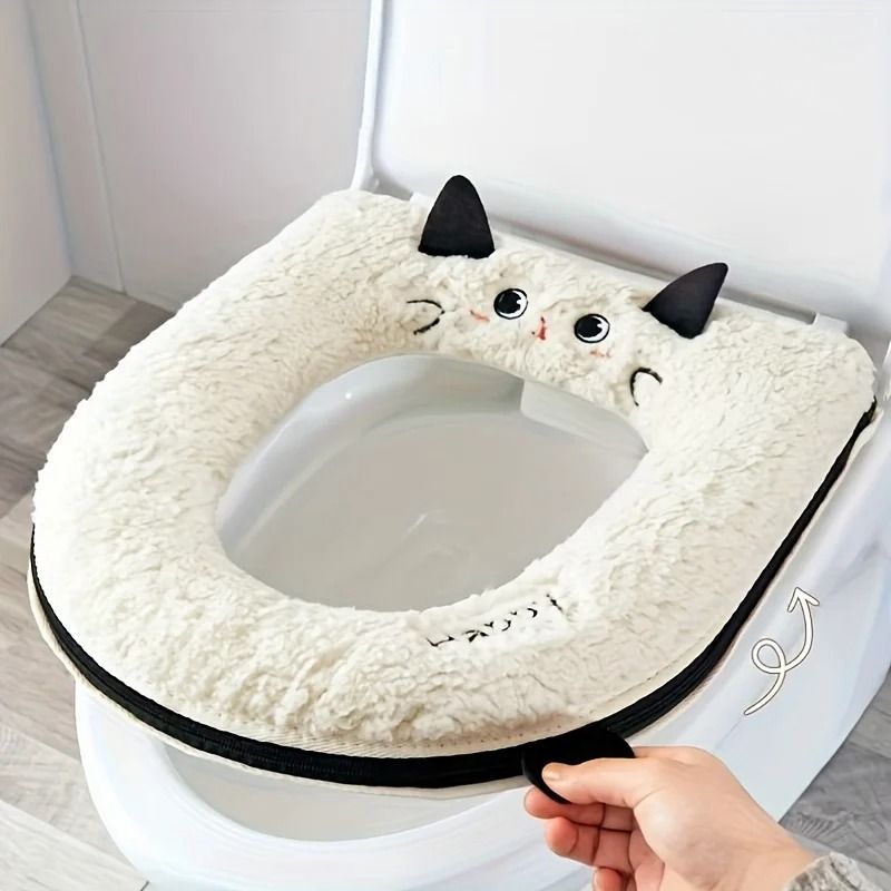 Cute Cat Toilet Seat Cover Soft Zipper Design Universal Fit 0