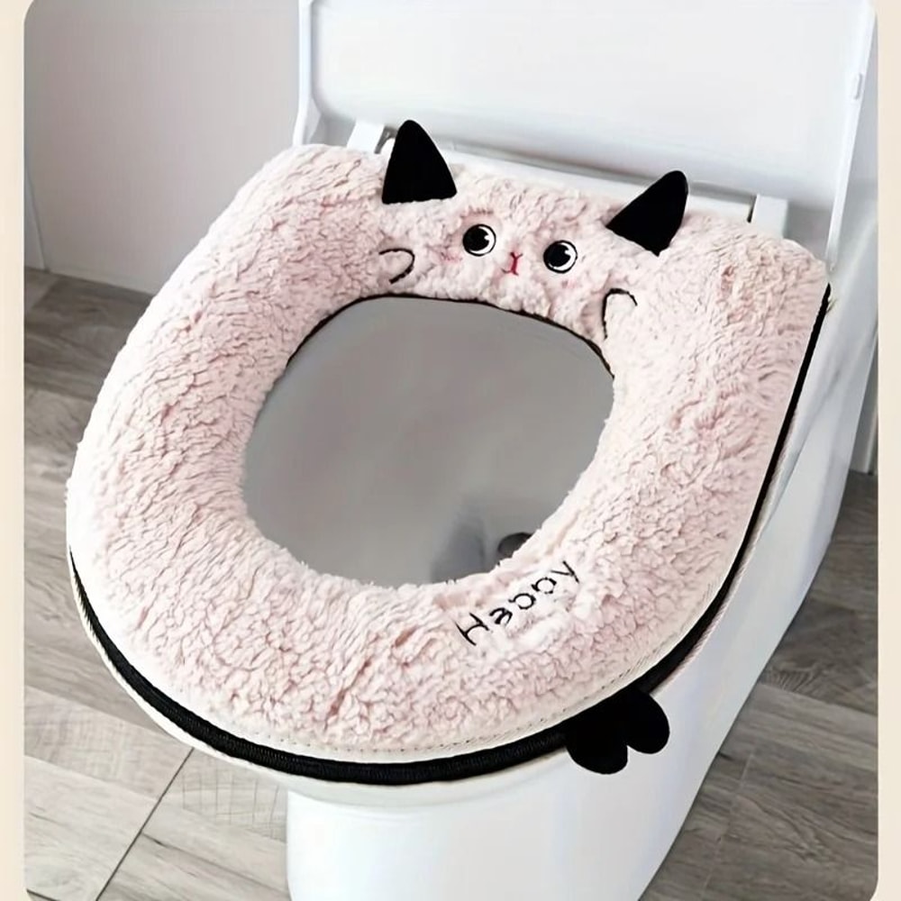 Cute Cat Toilet Seat Cover Soft Zipper Design Universal Fit 4