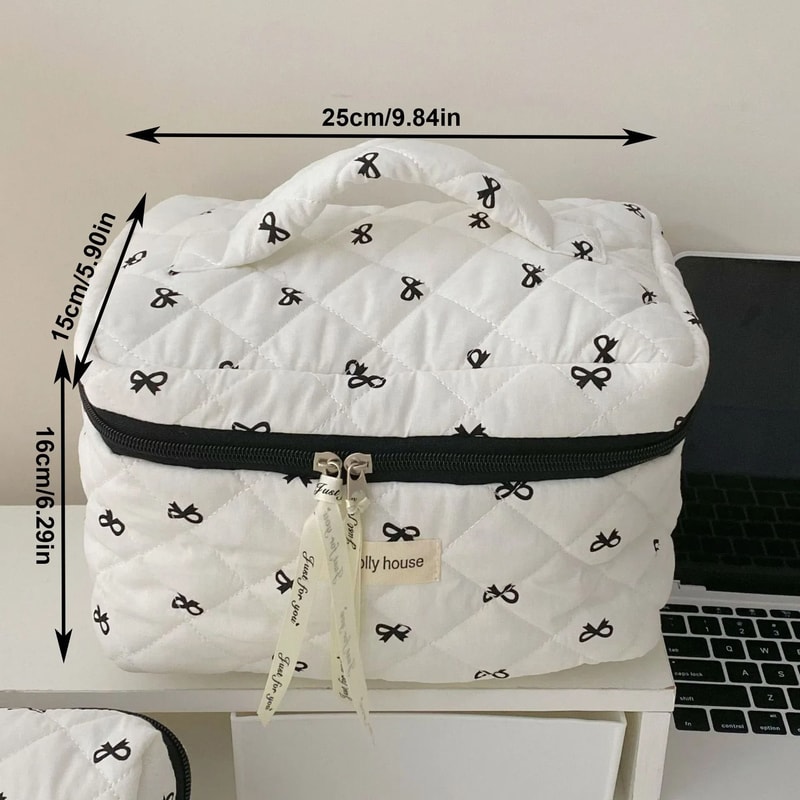 Cherry Quilted Makeup Bag Portable Cotton Cosmetic And Toiletry Pouch 3