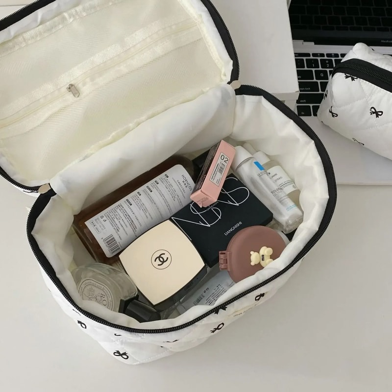 Cherry Quilted Makeup Bag Portable Cotton Cosmetic And Toiletry Pouch 6