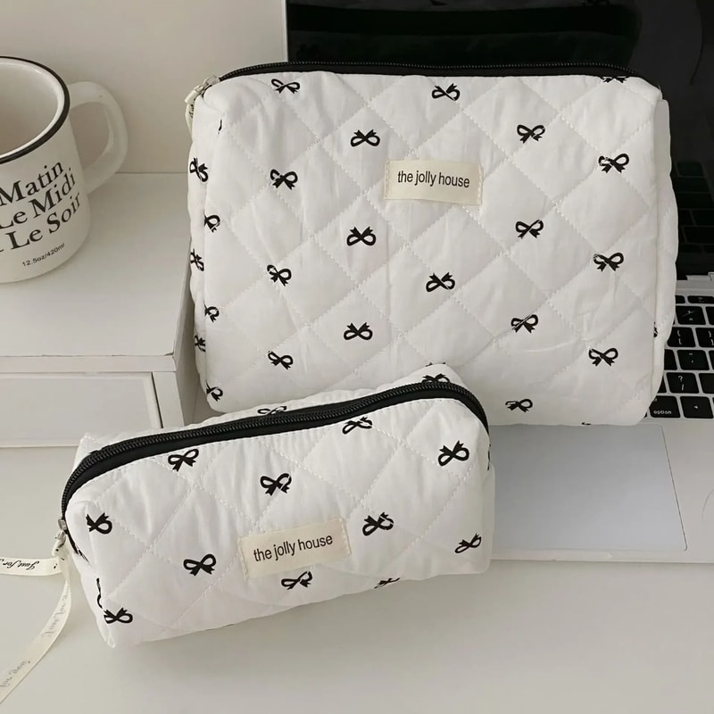 Cherry Quilted Makeup Bag Portable Cotton Cosmetic And Toiletry Pouch 4