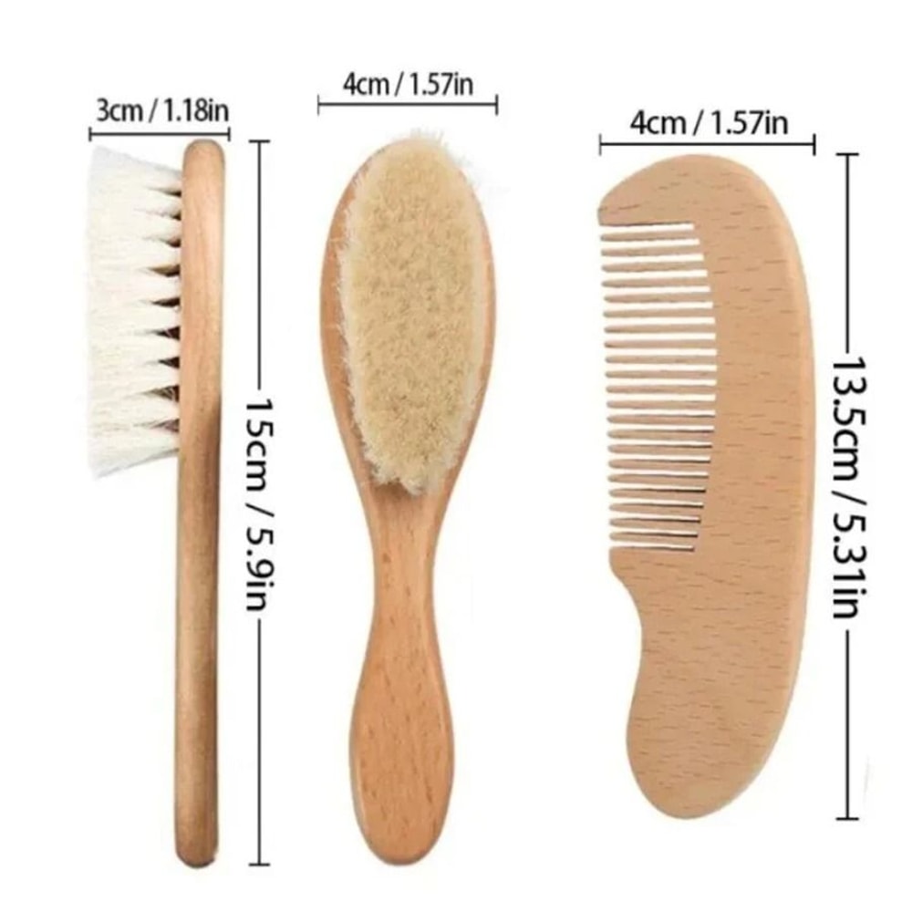 Baby Hair Brush And Comb Set Soft Wool Beech Wood Newborn Grooming Kit 3
