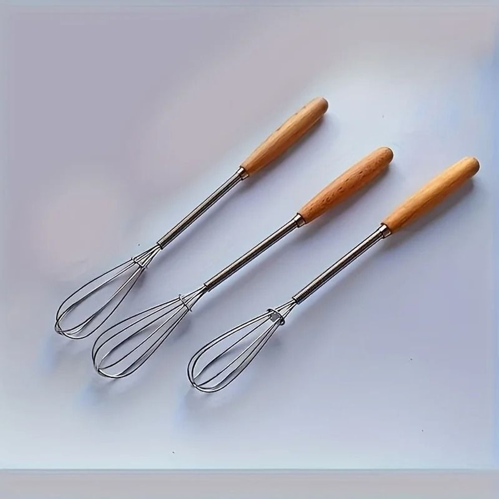 Stainless Steel Kitchen Whisk Set With Solid Wood Handles Cream And Egg Mixer 2
