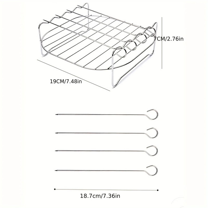 Air Fryer Grill Rack With Skewers Stainless Steel Square Cooking Accessory Set 2