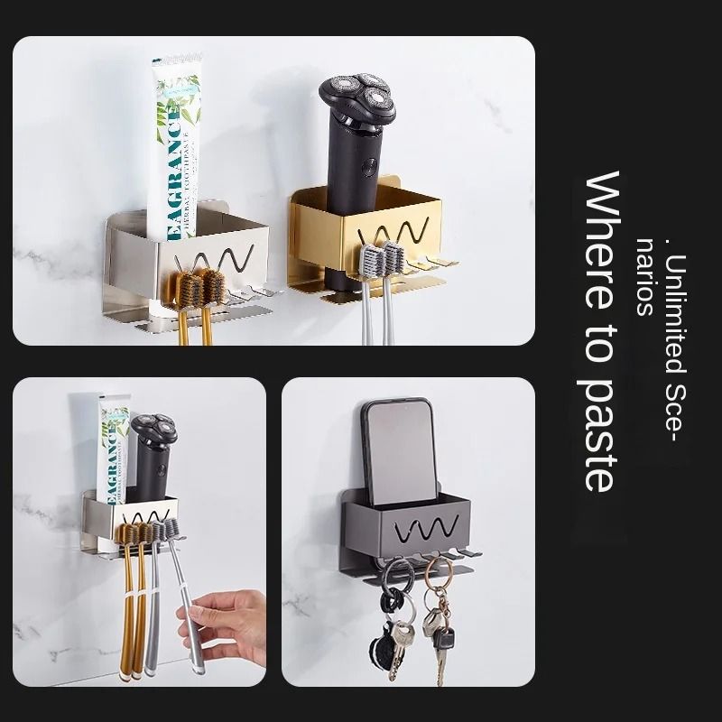Wall Mounted Stainless Steel Toothbrush Holder No Drill Bathroom Organizer 8
