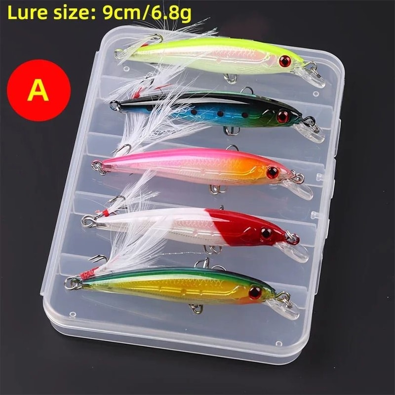 Laser Minnow Fishing Lure Set Hard Bait With Feather Treble Hooks 1