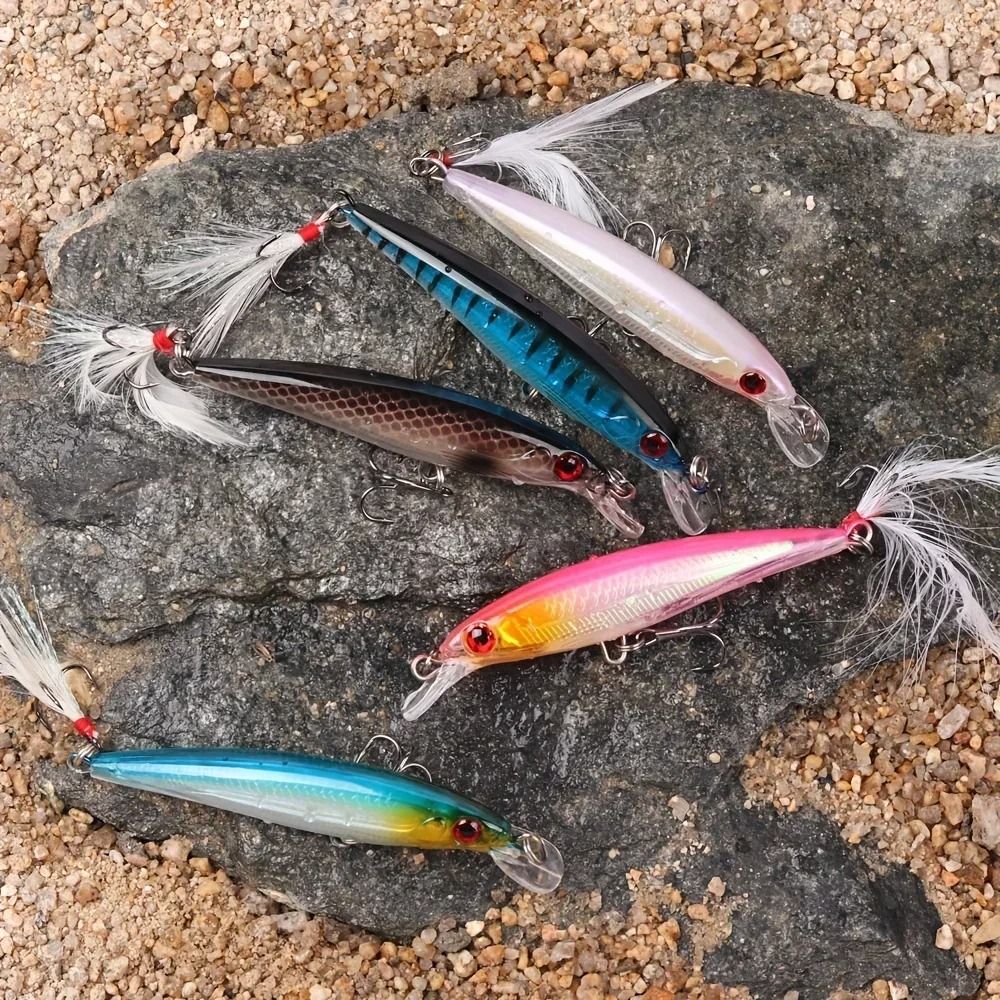 Laser Minnow Fishing Lure Set Hard Bait With Feather Treble Hooks 7