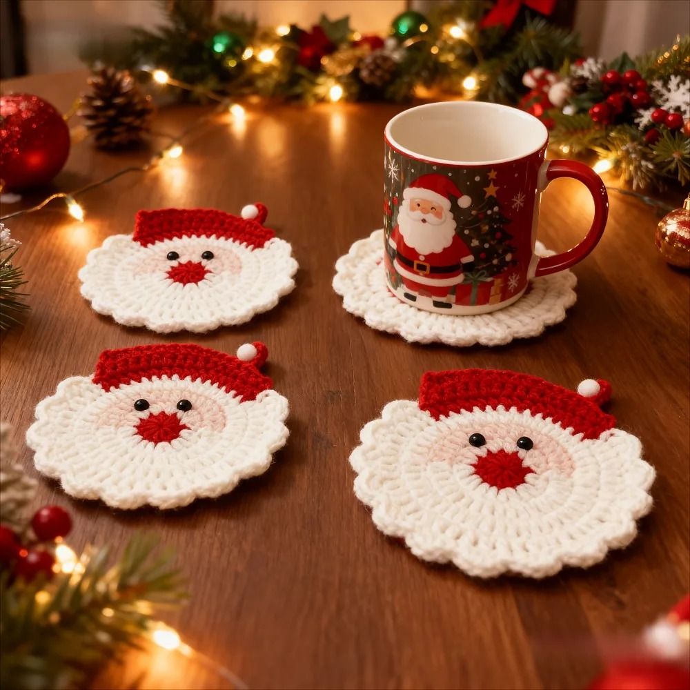 Handmade Crochet Santa Coasters Christmas Drink Mats 0