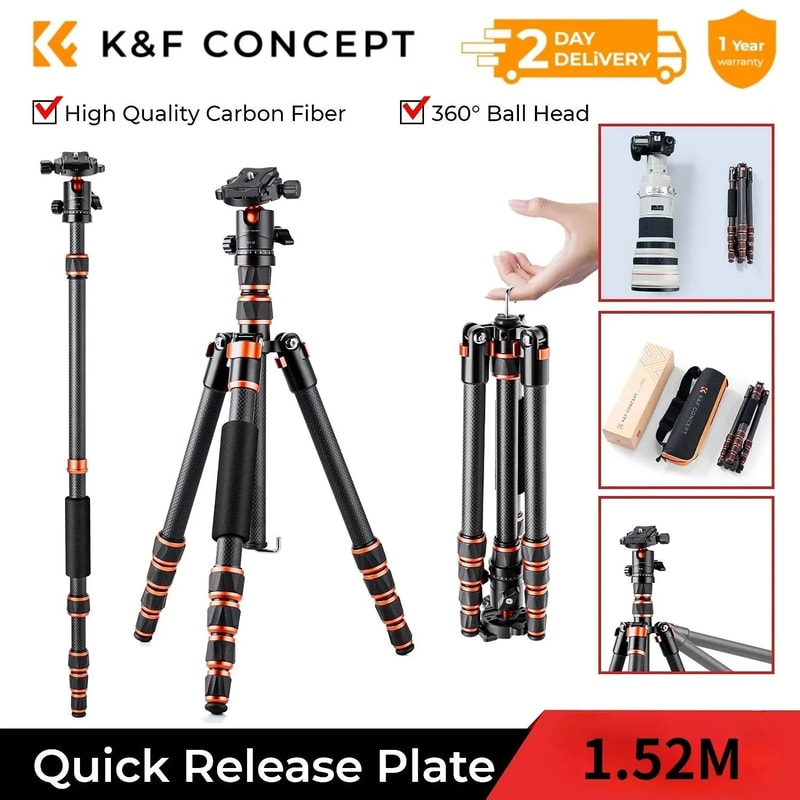 K And F Concept Carbon Fiber Travel Camera Tripod 60 Inch With 360 Ball Head 0