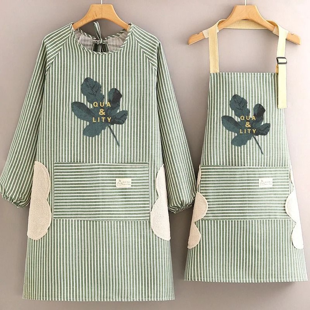 Breathable Cotton Linen Long Sleeve Kitchen Apron For Women Anti Stain Cooking Smock 8