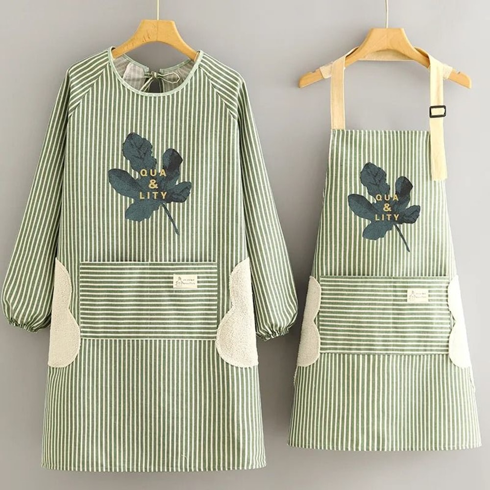 Breathable Cotton Linen Long Sleeve Kitchen Apron For Women Anti Stain Cooking Smock 7