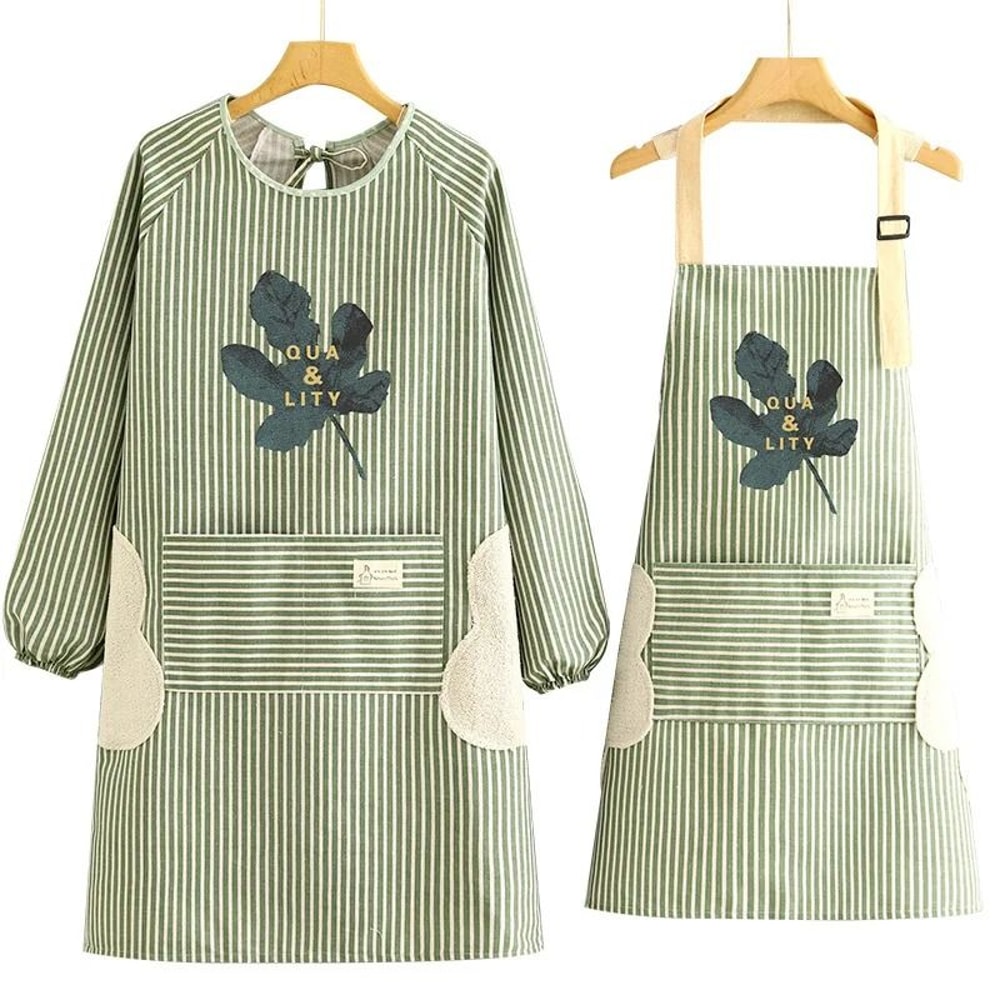 Breathable Cotton Linen Long Sleeve Kitchen Apron For Women Anti Stain Cooking Smock 0