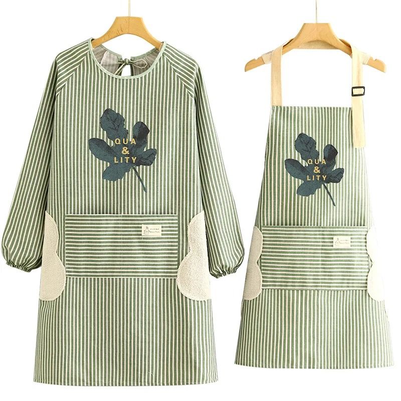 Breathable Cotton Linen Long Sleeve Kitchen Apron For Women Anti Stain Cooking Smock 0