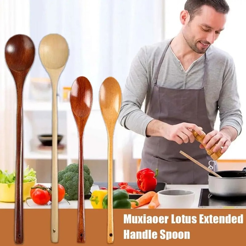 1 PC Natural Long Handle Wooden Spoon Durable Wooden Cooking Spoon For Soup Stirring And Serving 11