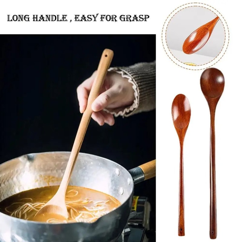 1 PC Natural Long Handle Wooden Spoon Durable Wooden Cooking Spoon For Soup Stirring And Serving 8
