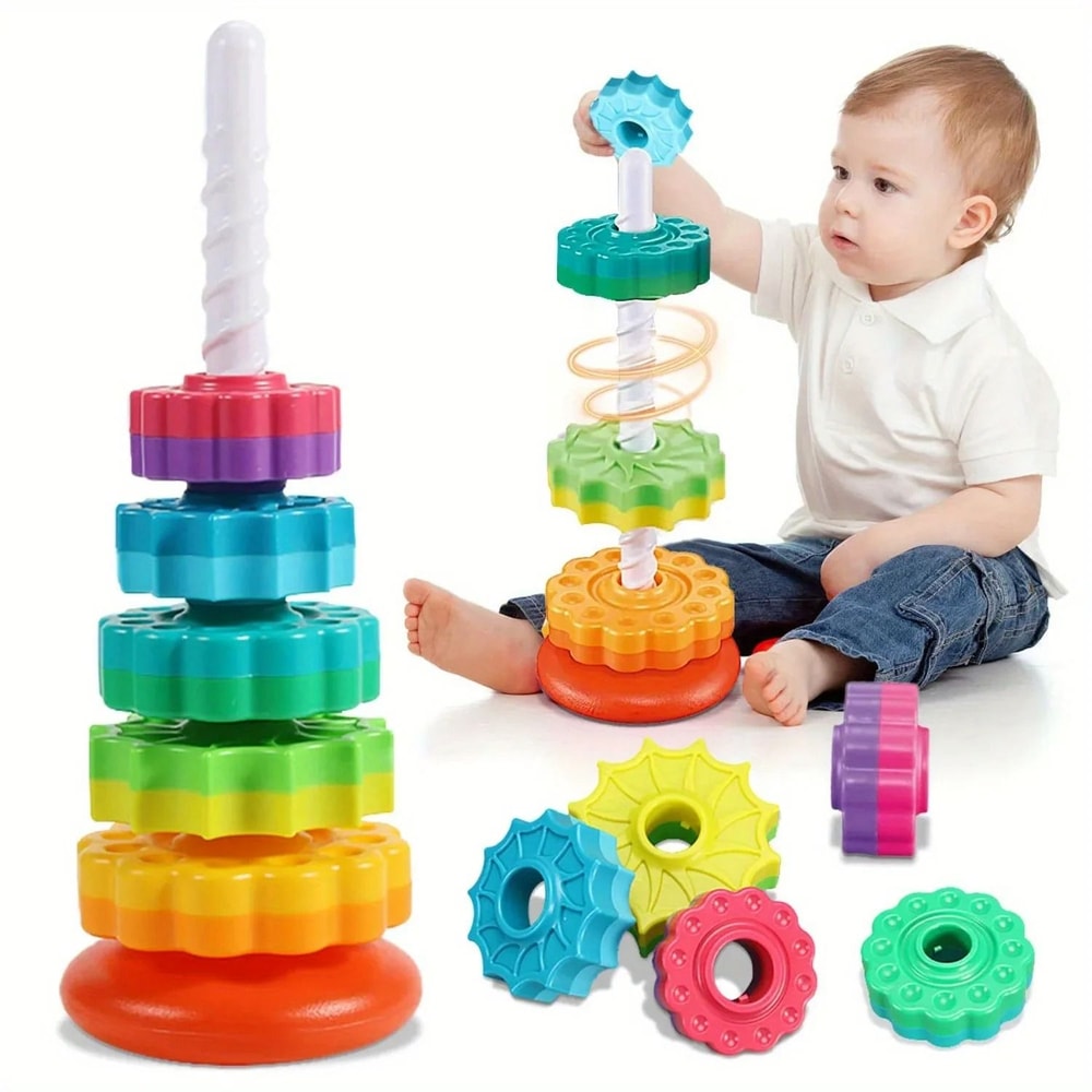 Rotating Rainbow Stack Tower Educational Puzzle Toy For Toddlers 0