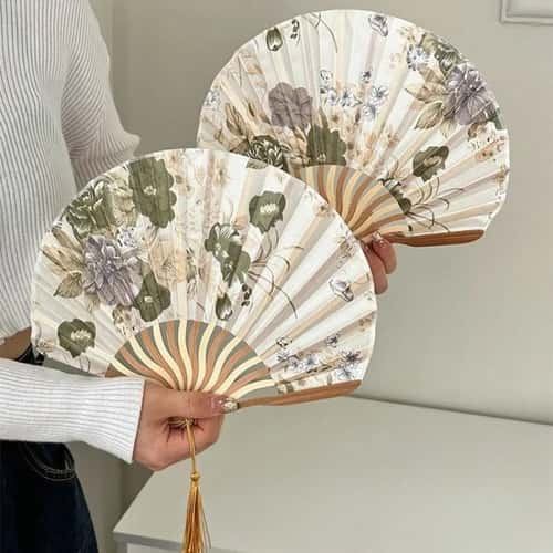 Chinese Classical Ink Folding Hand Fan with Tassel Traditional Decor Prop