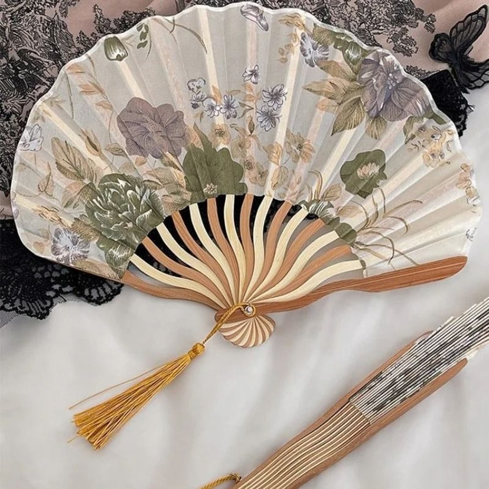 Chinese Classical Ink Folding Hand Fan With Tassel Traditional Decor Prop 4