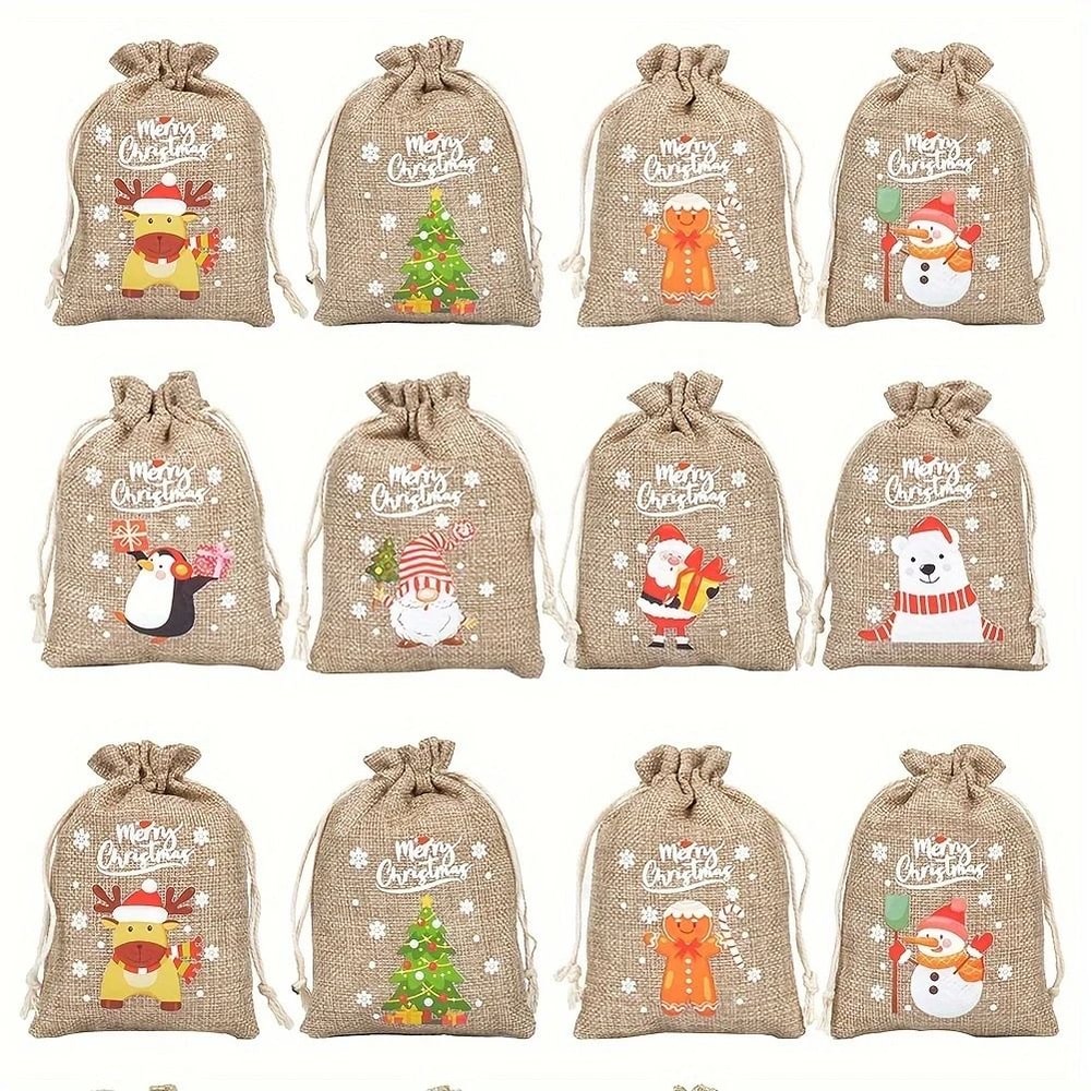 Christmas Burlap Gift Bags Set Of 12 Santa Claus Drawstring Candy Pouches 0