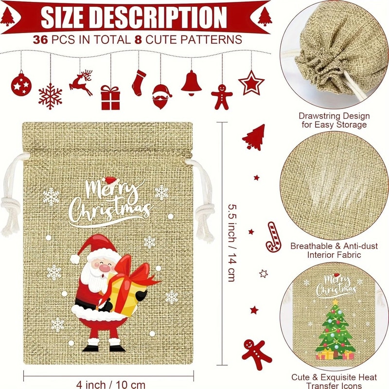 Christmas Burlap Gift Bags Set Of 12 Santa Claus Drawstring Candy Pouches 2