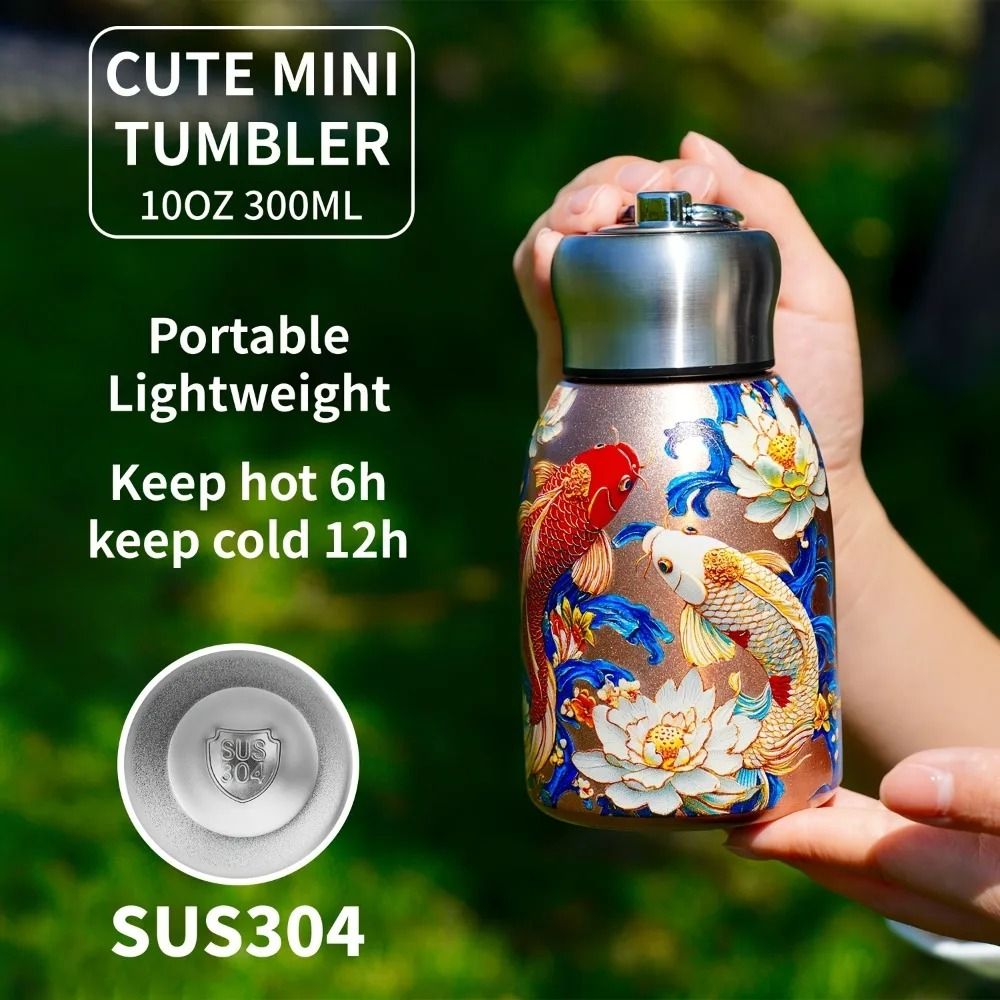 Stainless Steel Insulated Water Bottle With Mini Cup Floral Koi Design 3
