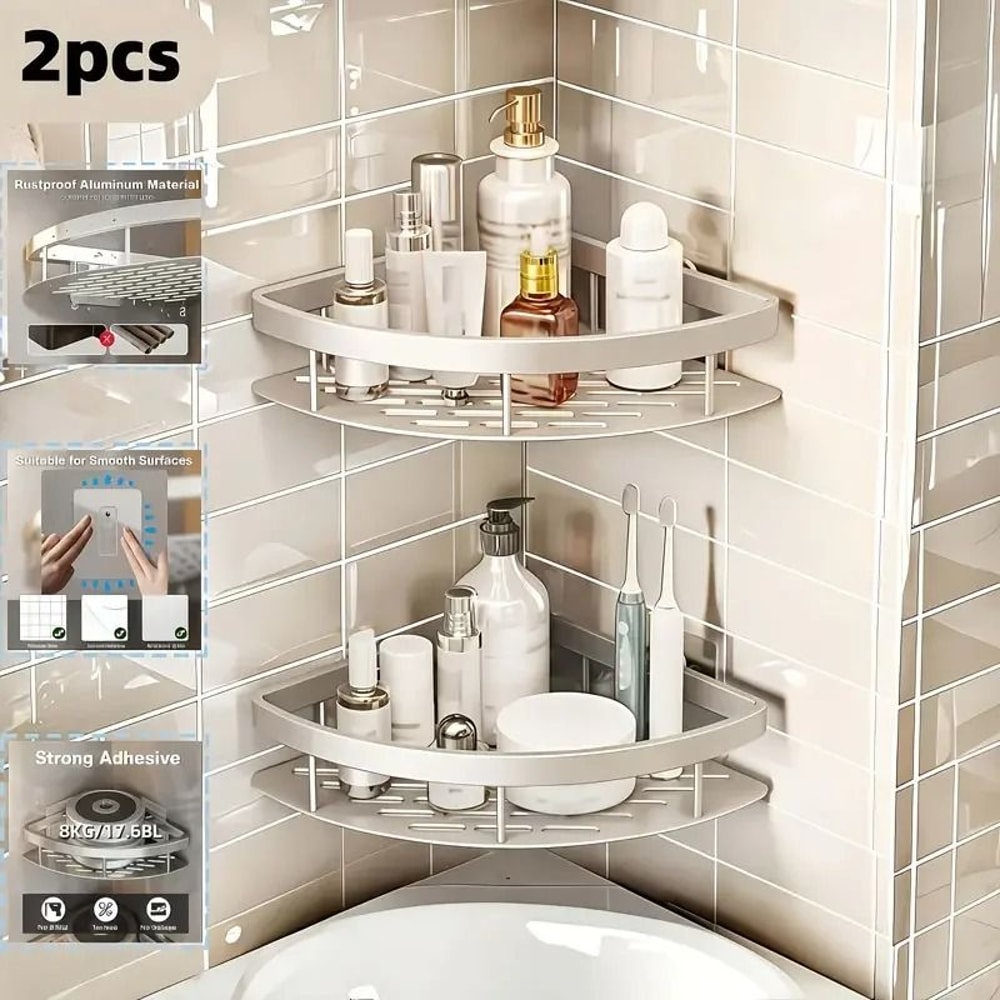 No Drill Aluminum Bathroom Shelf Corner Shower Storage Organizer 9